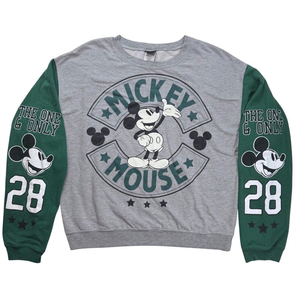 Disney Mickey Mouse Sweatshirt Gray Green Varsity Graphic Pullover Large JT25778